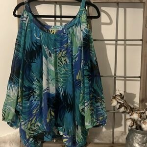 Women's Cold Shoulder Blue and Green Floral Top